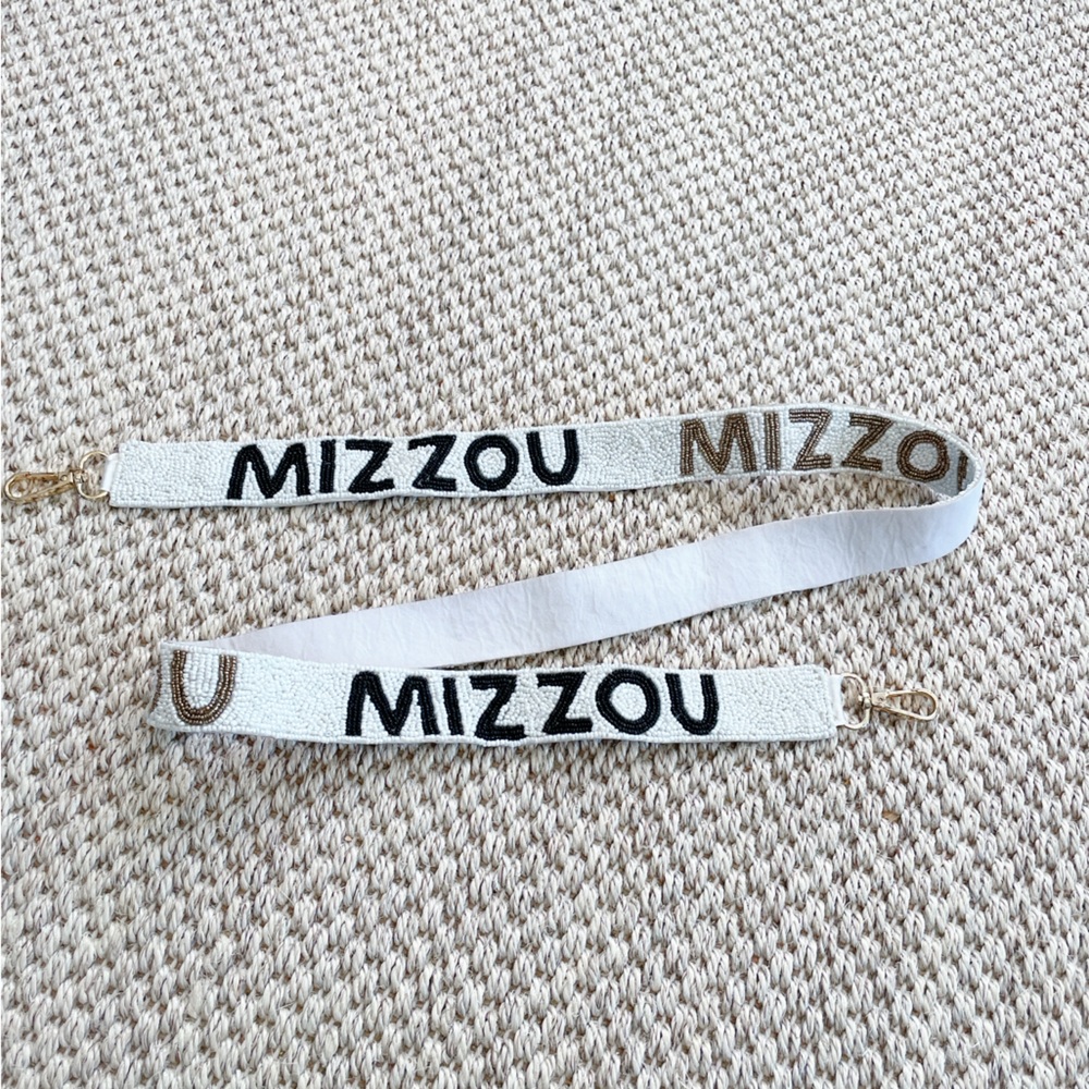Mizzou beaded purse Strap - White with Black & Gold - gold hardware